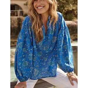 J. Jill Blue Floral Cotton Oversized Puff Sleeve Split-Neck Top Size Large